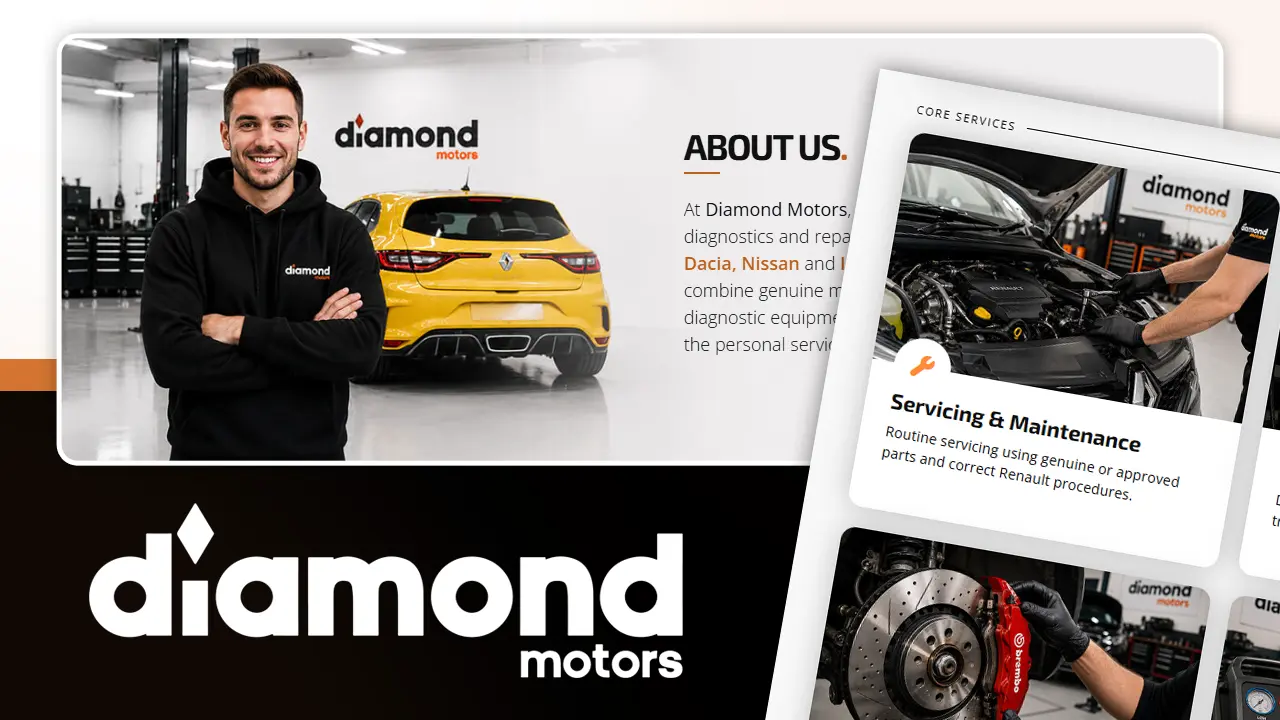 The Diamond Motors wordmark alongside partial screenshots of their website.